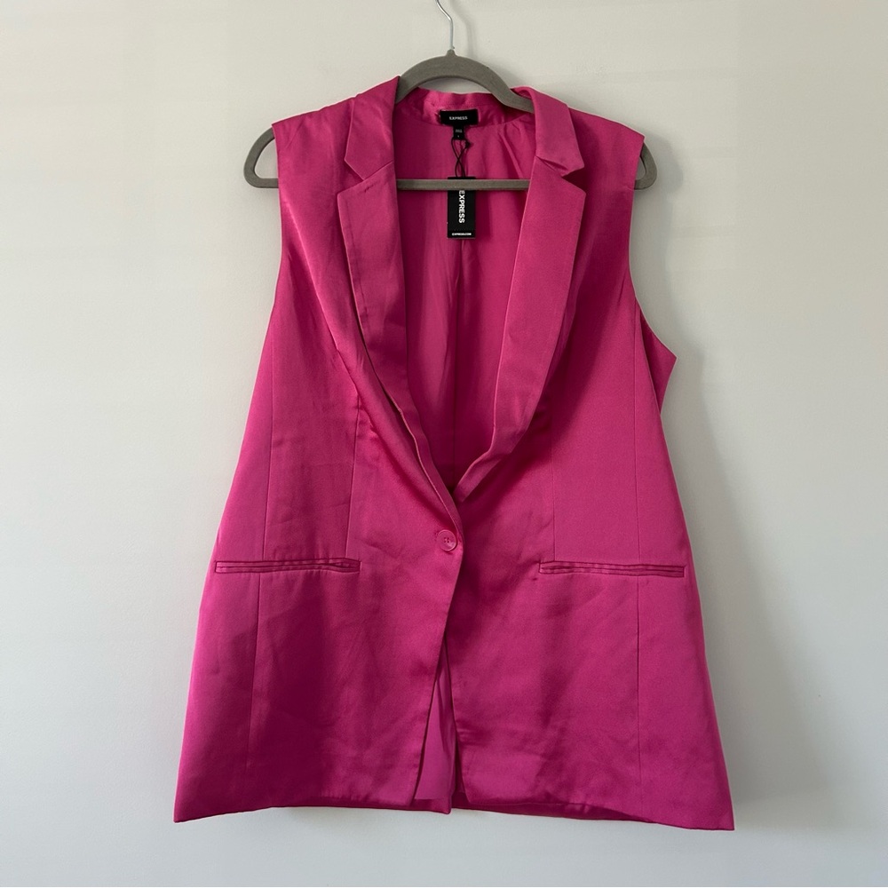 Express Bright Pink Sleeveless One Button Satin V Neck Long 90s Y2K Vest NWT L